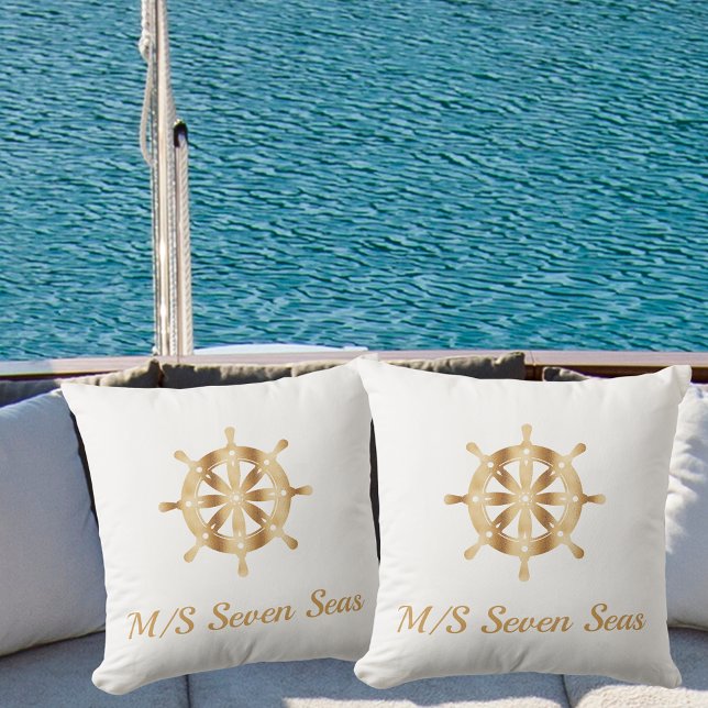 White yacht boat name gold steering wheel coastal outdoor pillow (Creator Uploaded)