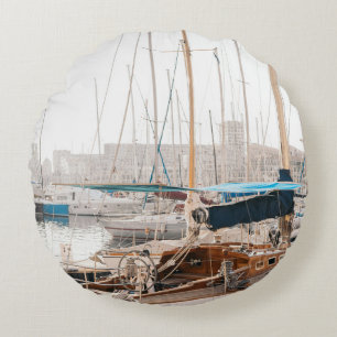 WHITE YACHT ON BAY ROUND PILLOW