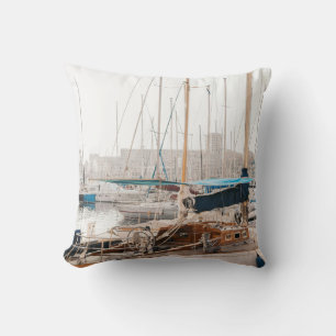 WHITE YACHT ON BAY THROW PILLOW