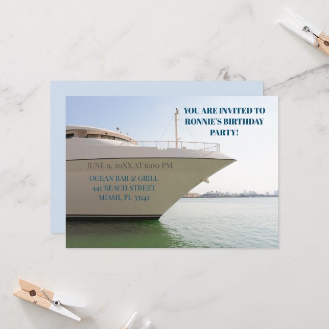 White Yacht on Ocean 60th Boat Birthday  Invitation (Front/Back In Situ)