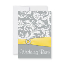 White Yellow and Grey Damask Wedding RSVP Cards