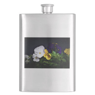 White Yellow and Purple Pansies Hip Flask