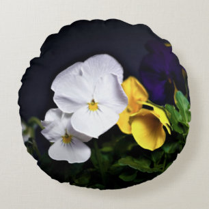 White Yellow and Purple Pansies Round Pillow