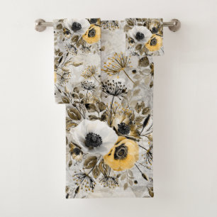 White, yellow anemones on a grey-brown background. bath towel set