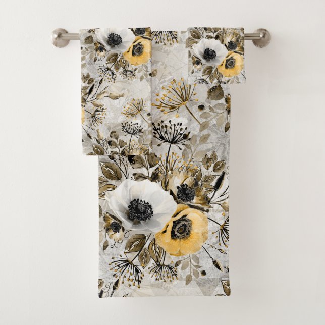 White, yellow anemones on a grey-brown background. bath towel set (Insitu)