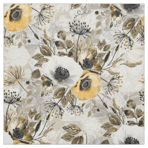 White, yellow anemones on a grey-brown background. fabric