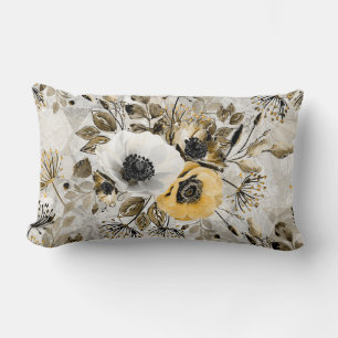 White, yellow anemones on a grey-brown background. lumbar pillow