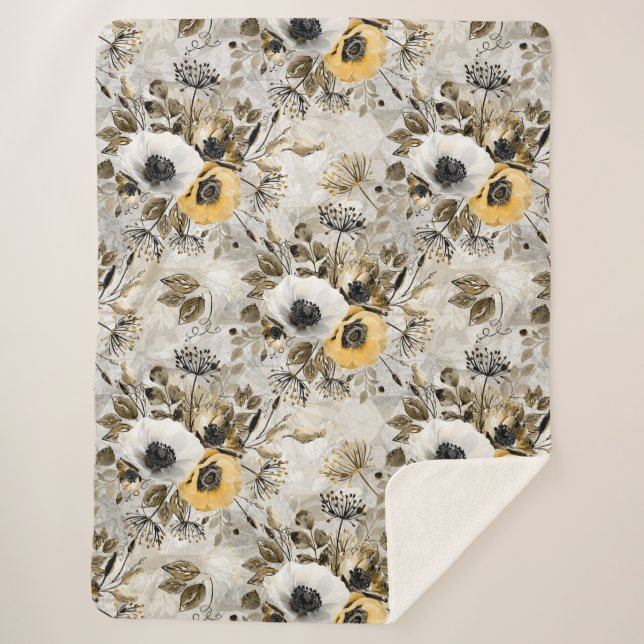 White, yellow anemones on a grey-brown background. sherpa blanket (Front)