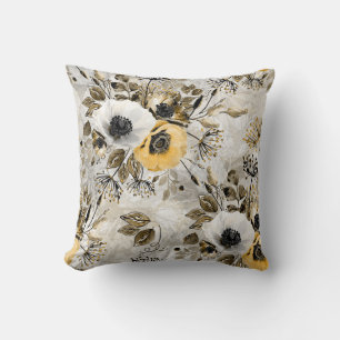 White, yellow anemones on a grey-brown background. throw pillow