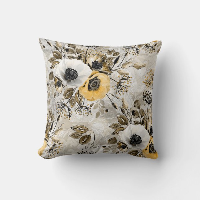 White, yellow anemones on a grey-brown background. throw pillow (Front)