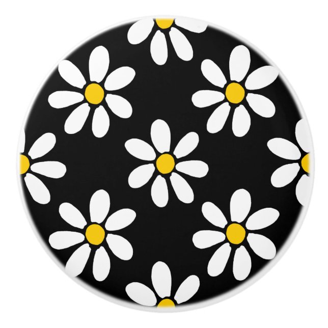 White Yellow Black Daisy Pattern Ceramic Knob (Front)