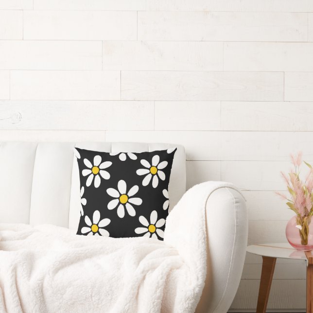 White Yellow Black Daisy Pattern Throw Pillow (Couch)