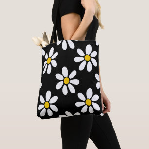 White Yellow Black Daisy Pattern Tote Bag