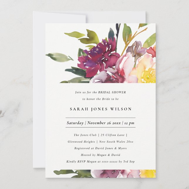 WHITE YELLOW BLUSH BURGUNDY FLORAL BRIDAL SHOWER INVITATION (Front)