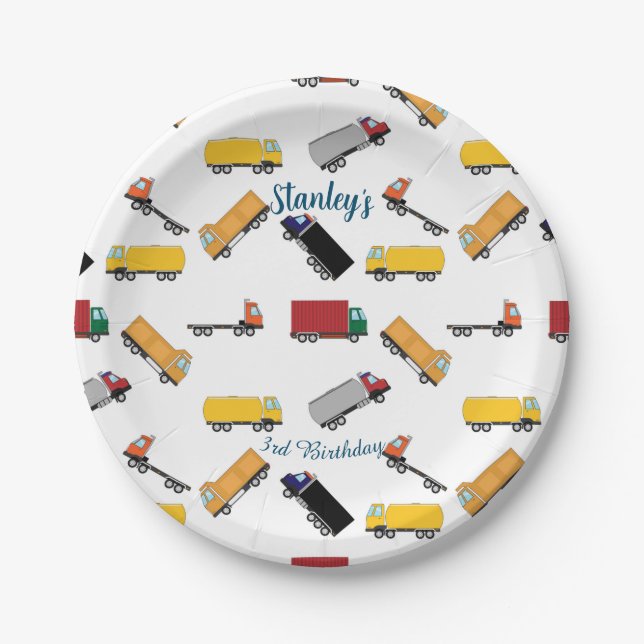 White Yellow Boys' Birthday Truck Pattern  Paper Plate (Front)