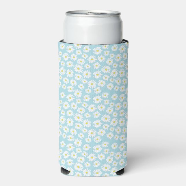 White yellow cyan daisy flower pattern seltzer can cooler (Seltzer Front)