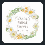 White & Yellow Daffodil Bridal Wedding Shower  Squ Square Sticker<br><div class="desc">Use to decorate or to seal your bridal shower invitations.  Brown script & font.  100% customer satisfaction with “Zazzle”</div>