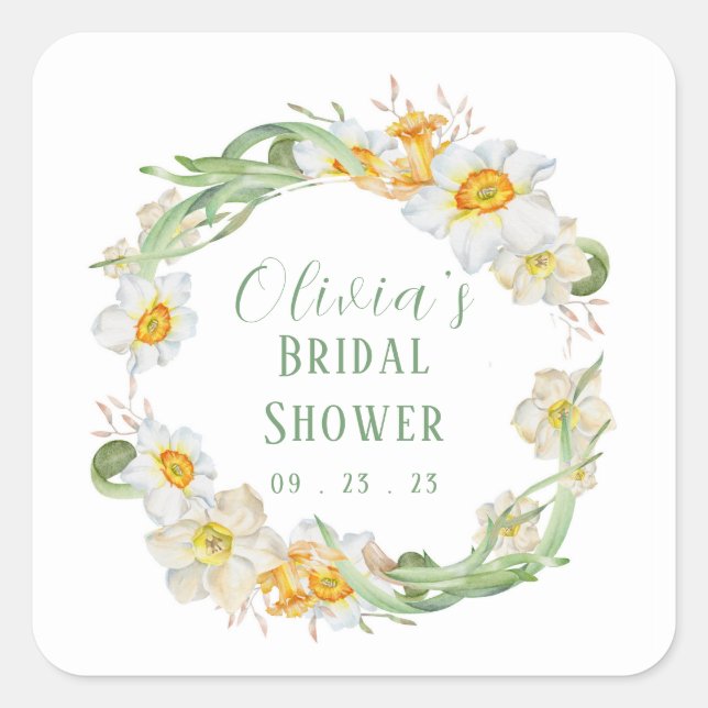 White & Yellow Daffodil Bridal Wedding Shower  Square Sticker (Front)