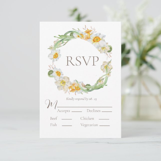 White & Yellow Daffodil Floral RSVP Card (Standing Front)