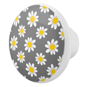 White Yellow Daisies Ceramic Knob