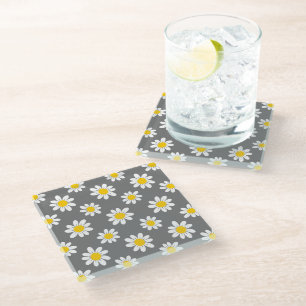 White Yellow Daisies Glass Coaster