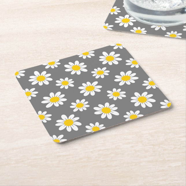 White Yellow Daisies Square Paper Coaster (Angled)