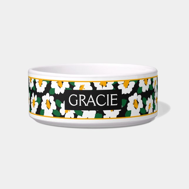 White Yellow Daisy Flower Pattern Personalized Bowl (Front)