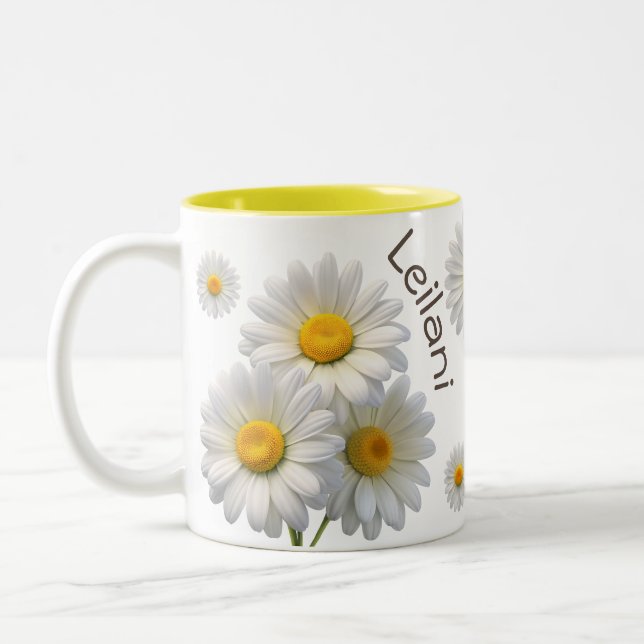 White & Yellow Daisy Personalized Bliss Two-Tone Coffee Mug (Left)
