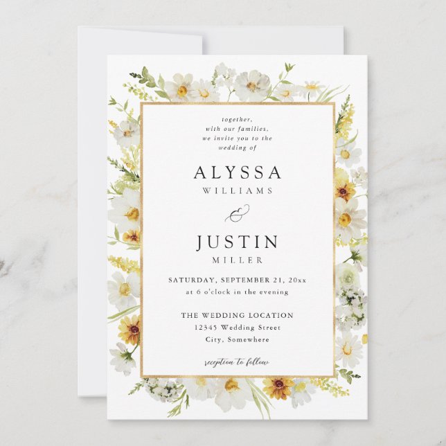 White & Yellow Floral Ele Wedding Invitation (Front)