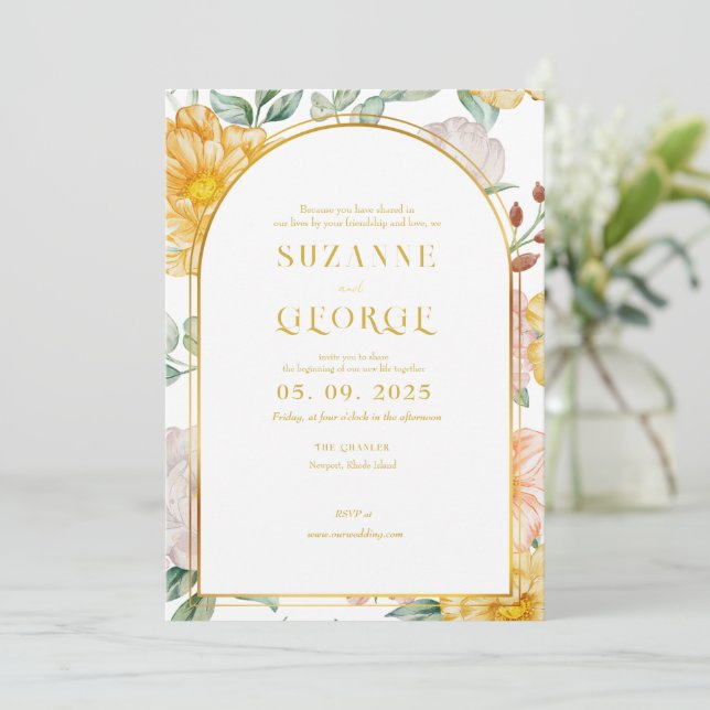 White Yellow Flower Arch Wedding Invitation  (Standing Front)