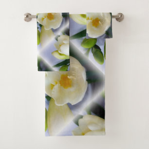 white yellow freesia bath towel set