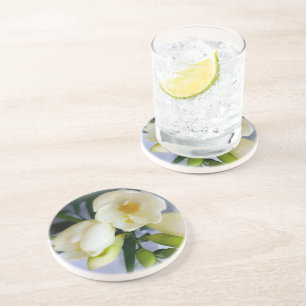 white yellow freesia coaster