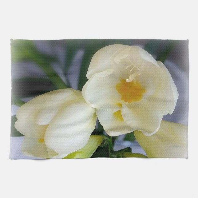 white yellow freesia kitchen towel (Horizontal)