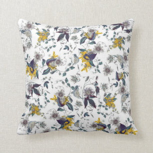White Yellow Garden Passiflora Floral Pattern Throw Pillow