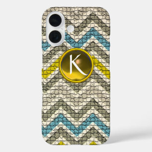 WHITE YELLOW GREY BLUE MOSAIC CHEVRONS GEM MONGRAM iPhone 16 CASE