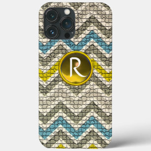 WHITE YELLOW GREY BLUE MOSAIC CHEVRONS GEM MONGRAM iPhone 13 PRO MAX CASE