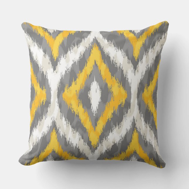 White & Yellow & Grey Quatrefoil Ikat Pattern Throw Pillow (Front)