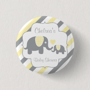 White, Yellow & Grey Stripe Elephants Baby Shower 1 Inch Round Button