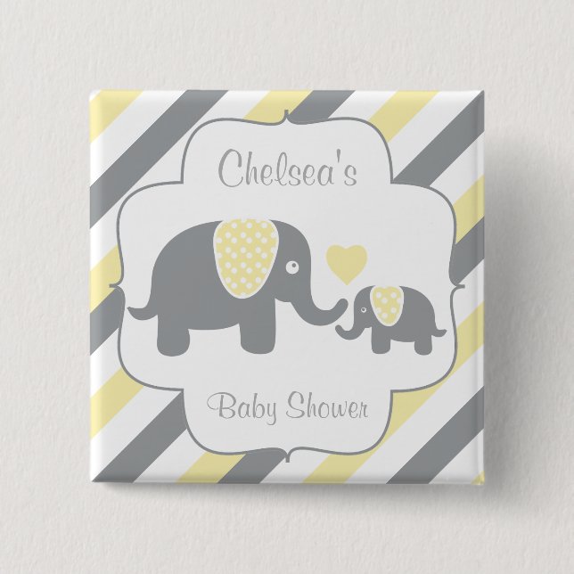 White, Yellow & Grey Stripe Elephants Baby Shower 2 Inch Square Button (Front)