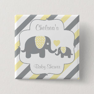 White, Yellow & Grey Stripe Elephants Baby Shower 2 Inch Square Button