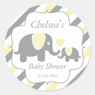 White, Yellow & Grey Stripe Elephants Baby Shower Classic Round Sticker