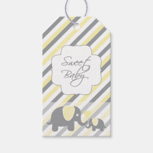 White, Yellow & Grey Stripe Elephants Baby Shower Gift Tags