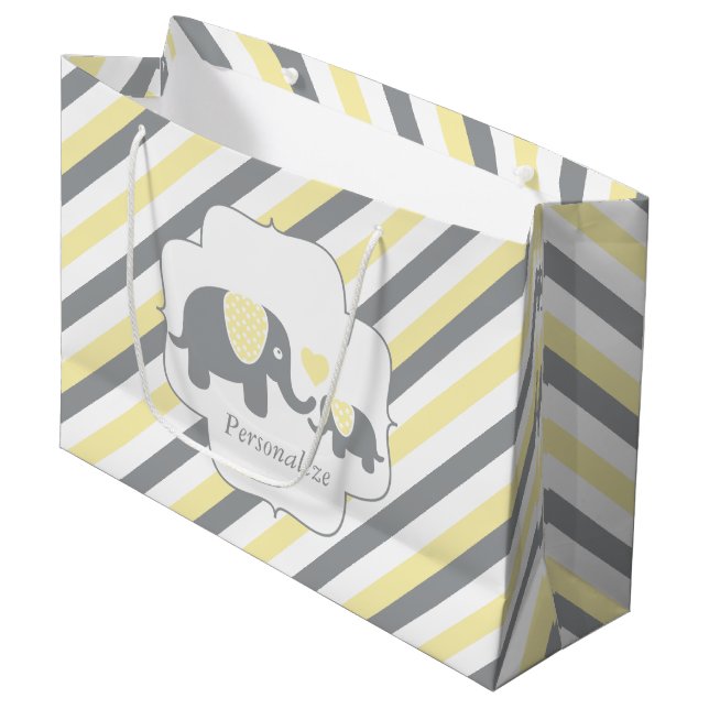 White, Yellow & Grey Stripe Elephants Baby Shower Large Gift Bag (Front Angled)