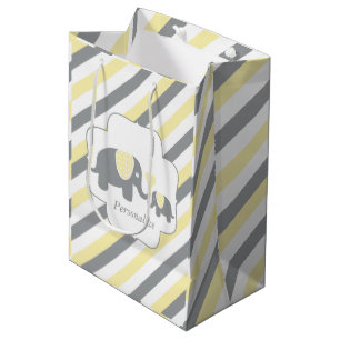 White, Yellow & Grey Stripe Elephants Baby Shower Medium Gift Bag