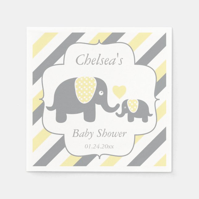 White, Yellow & Grey Stripe Elephants Baby Shower Napkin (Front)