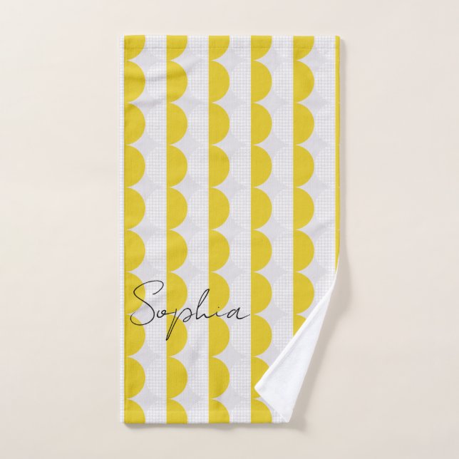 White Yellow Pattern Half Moon Monogram Pickleball Hand Towel (Hand Towel)