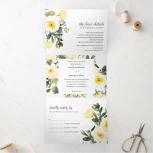 WHITE YELLOW PEONY FLORAL WATERCOLOR WEDDING Tri-Fold INVITATION