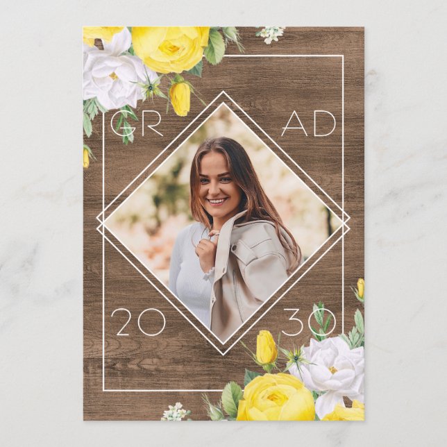 White Yellow Roses Floral Boho Rustic Graduation Announcement (Front)