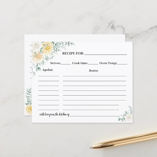 White & Yellow Roses Recipe Card Bridal Shower (Front/Back In Situ)