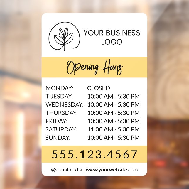 White & Yellow Small Business Logo Open Hours Window Cling (Sheet 2)